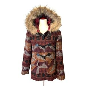 Cowgirl Legend Women's M Southwestern Aztec Wool Blend Coat Jacket Faux Fur Hood